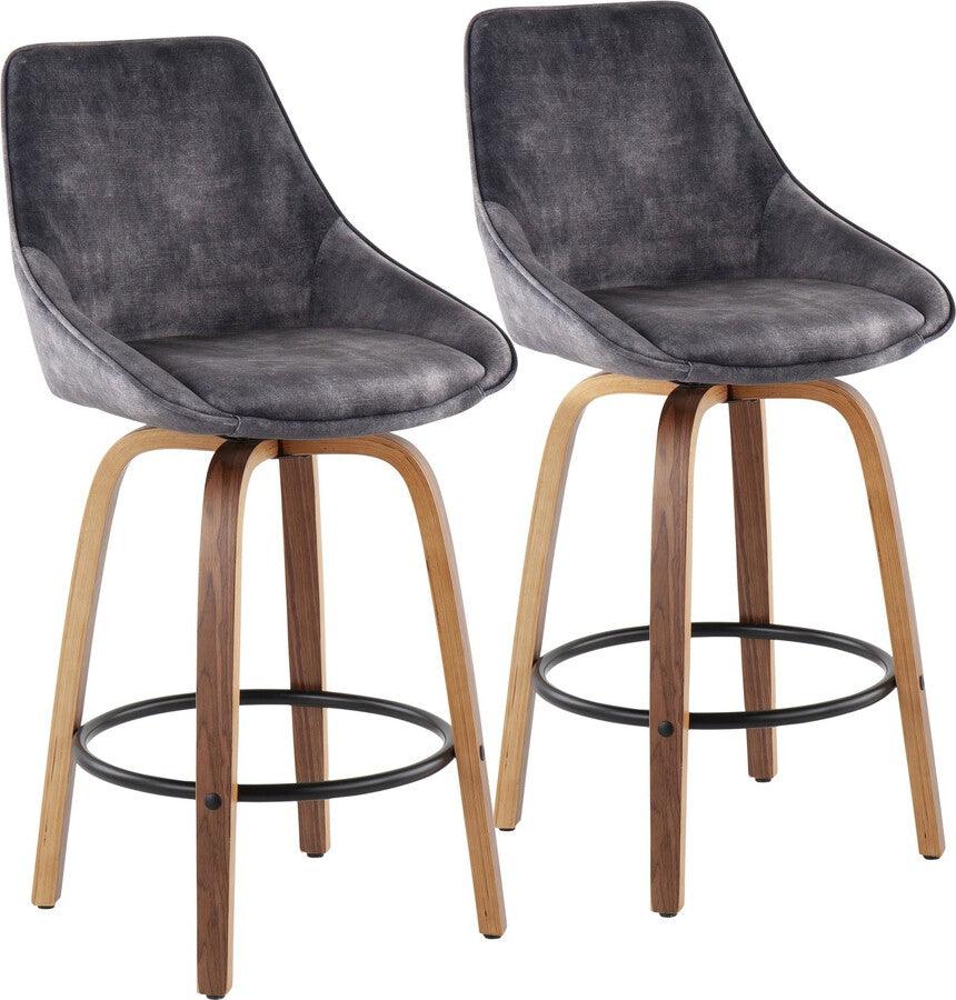 Lumisource Barstools - Diana Contemporary Counter Stool in Walnut Wood and Grey Velvet - Set of 2