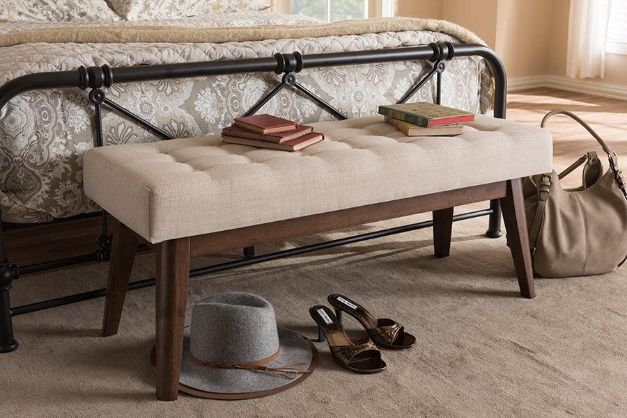 Wholesale Interiors Benches - Elia Mid-Century Modern Walnut Wood Light Beige Fabric Button-Tufted Bench