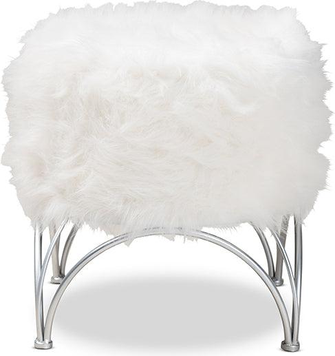 Wholesale Interiors Ottomans & Stools - Celia Modern And Contemporary White Faux Fur Upholstered Silver Metal Ottoman