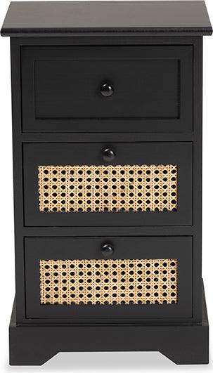 Wholesale Interiors Cabinets & Wardrobes - Dacey Mid-Century Modern Espresso Brown Wood and Rattan 3-Drawer Storage Cabinet