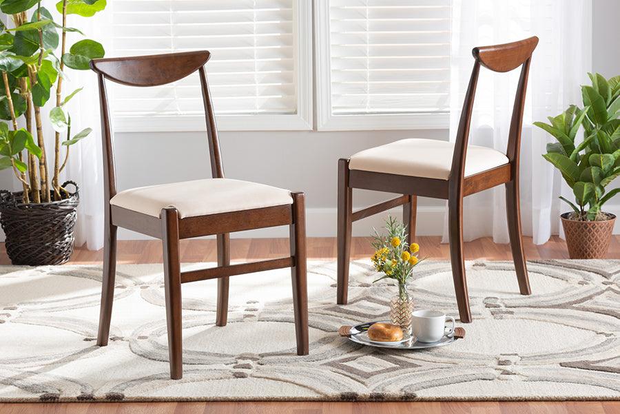 Wholesale Interiors Dining Chairs - Delphina Mid-Century Modern Cream Fabric And Brown Finished Wood 2-Piece Dining Chair Set