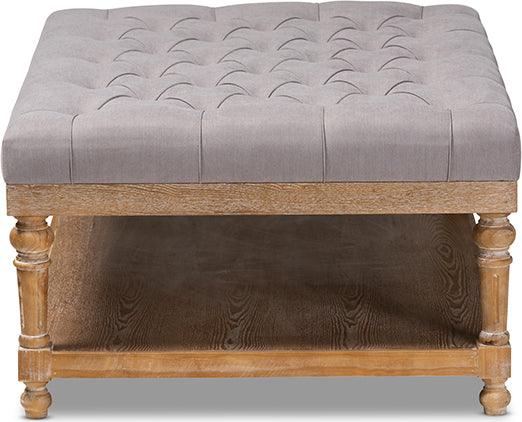 Wholesale Interiors Ottomans & Stools - Lindsey Modern and Rustic Grey Linen Fabric and Greywashed Wood Cocktail Ottoman