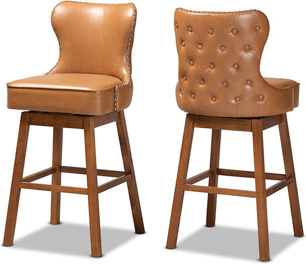 Wholesale Interiors Barstools - Gradisca Tan Faux Leather Upholstered and Walnut Brown Finished Wood 2-Piece Swivel Bar Stool Set