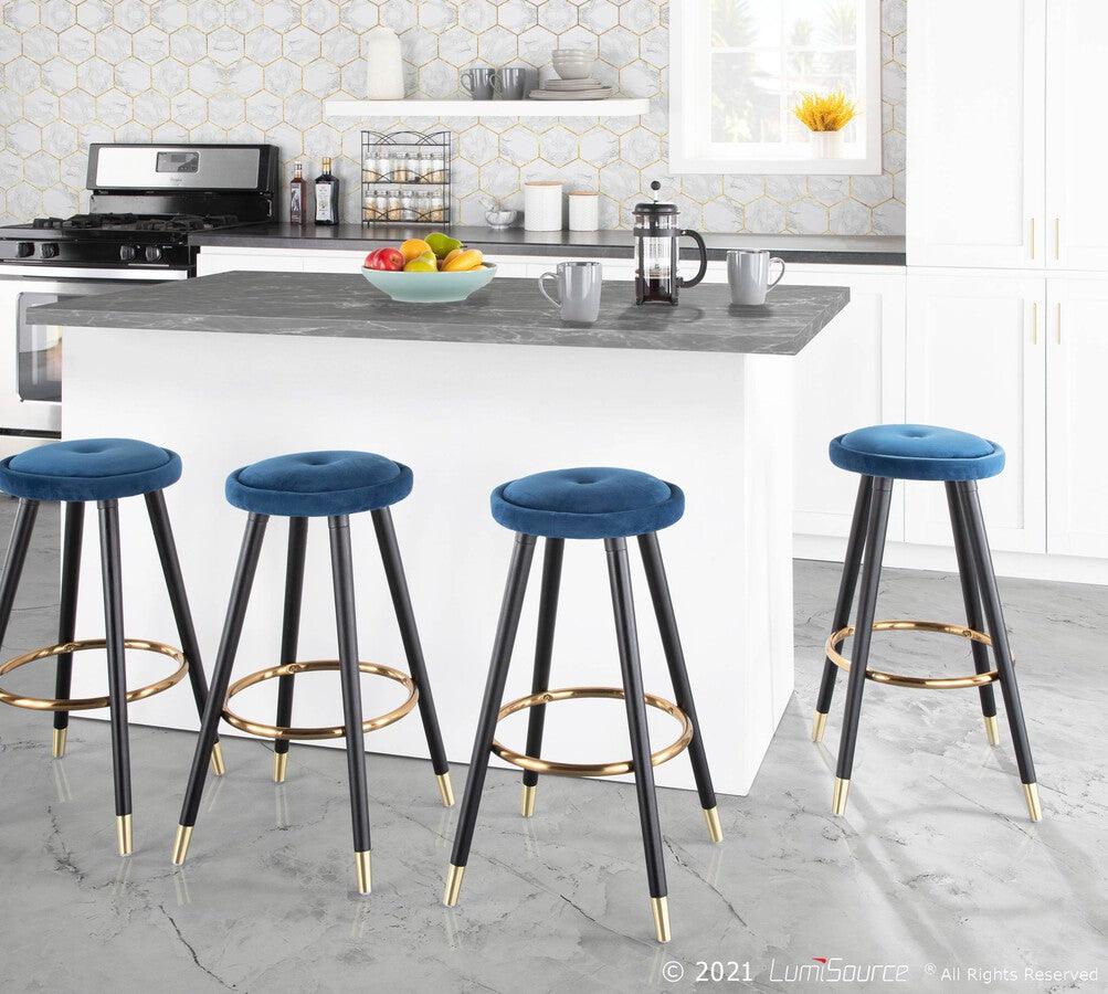 Lumisource Barstools - Cavalier Glam Counter Stool in Black Wood & Blue Velvet with Gold Accent - Set of 2