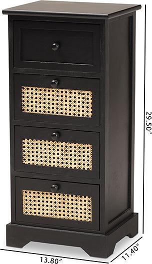 Wholesale Interiors Cabinets & Wardrobes - Dacey Mid-Century Modern Espresso Brown Wood and Rattan 4-Drawer Storage Cabinet