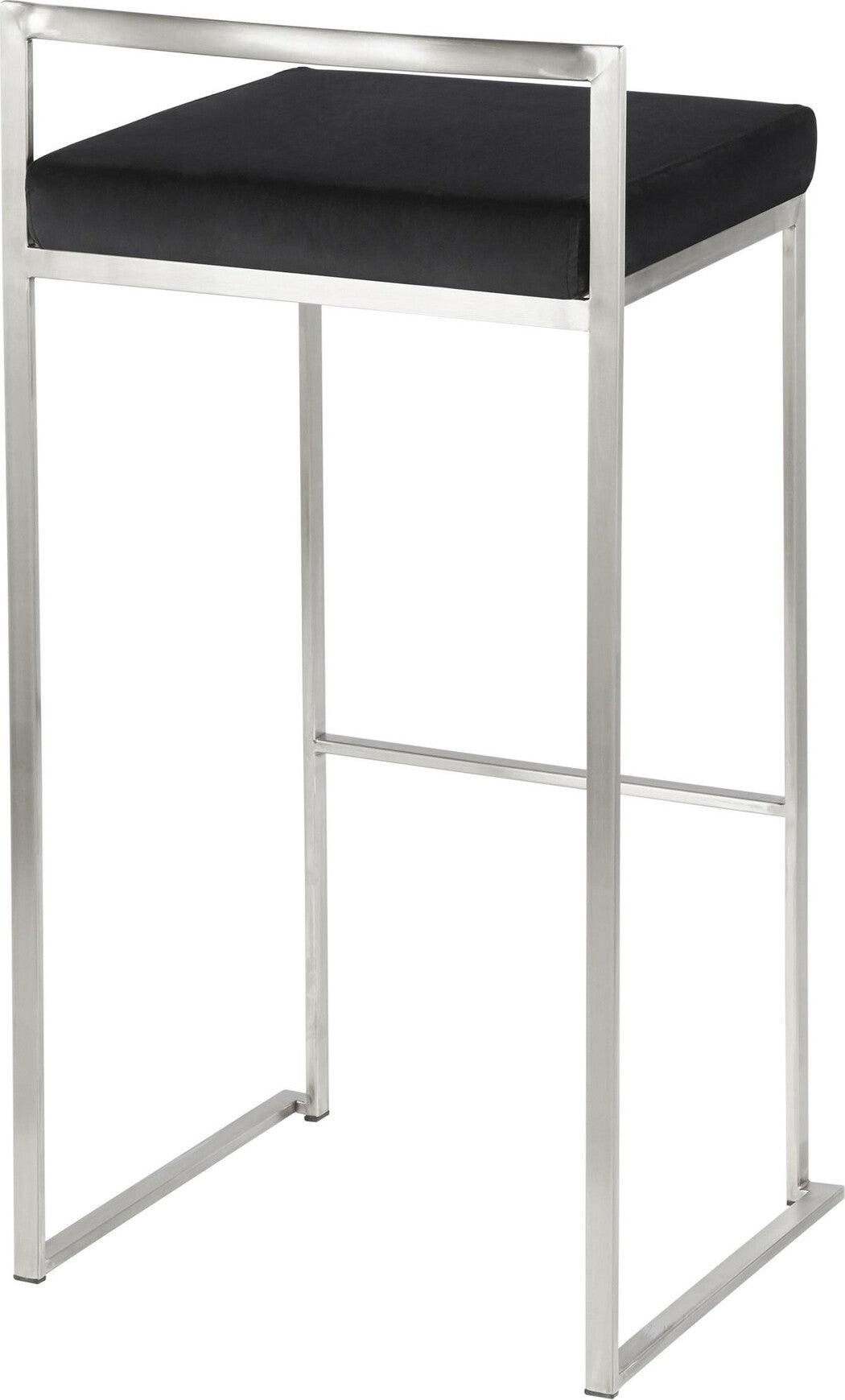 Lumisource Barstools - Fuji Contemporary Stackable Barstool in Stainless Steel with Black Velvet Cushion (Set of 2)