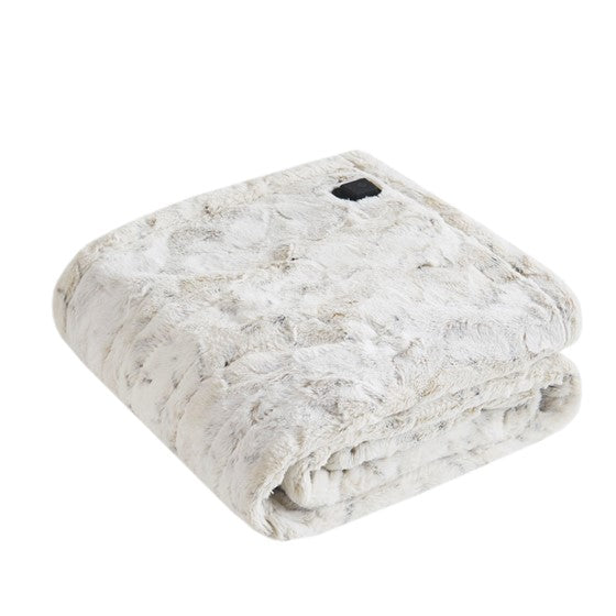 Olliix.com Heated Blankets - Faux Fur Heated Wrap with Built-in Controller Snow Leopard
