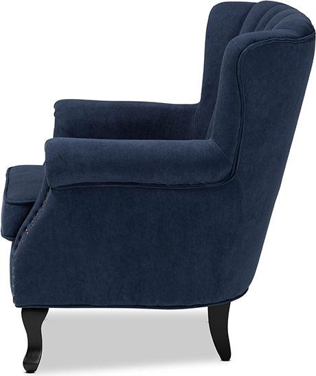 Wholesale Interiors Accent Chairs - Relena Navy Blue Velvet Fabric Upholstered and Dark Brown Finished Wood Armchair