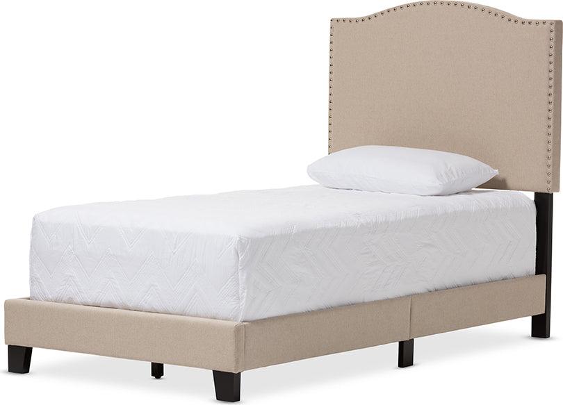 Wholesale Interiors Beds - Benjamin Beige Linen Upholstered Twin Size Arched Bed with Nail Heads