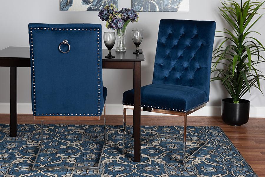 Wholesale Interiors Dining Chairs - Sherine Contemporary and Luxe Navy Blue Velvet Fabric and Silver Metal 2-Piece Dining Chair Set