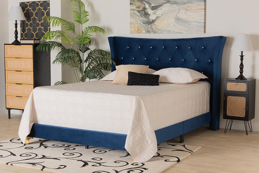 Wholesale Interiors Beds - Easton Contemporary Glam and Luxe Navy Blue Velvet and Gold Metal Queen Size Panel Bed