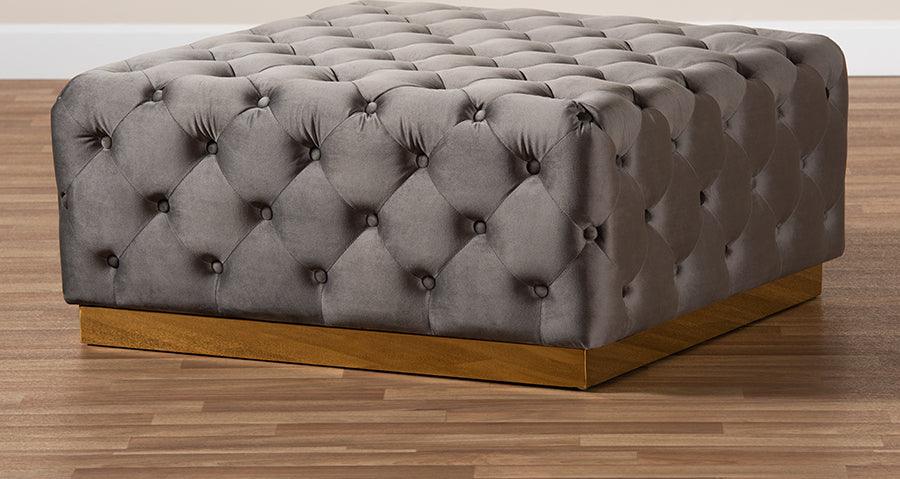 Wholesale Interiors Ottomans & Stools - Verene Glam and Luxe Grey Velvet Gold Square Cocktail Ottoman