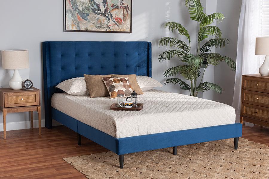 Wholesale Interiors Beds - Gothard Navy Blue Velvet Fabric Upholstered and Dark Brown Finished Wood Queen Size Platform Bed