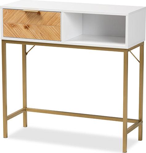 Wholesale Interiors Consoles - Giona Two-Tone Oak Brown and White Finished Wood and Gold Metal 1-Drawer Console Table