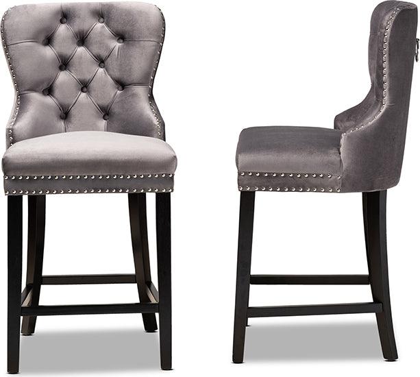 Wholesale Interiors Barstools - Howell Modern Grey Velvet Upholstered and Dark Brown Finished Wood 2-Piece Counter Stool Set