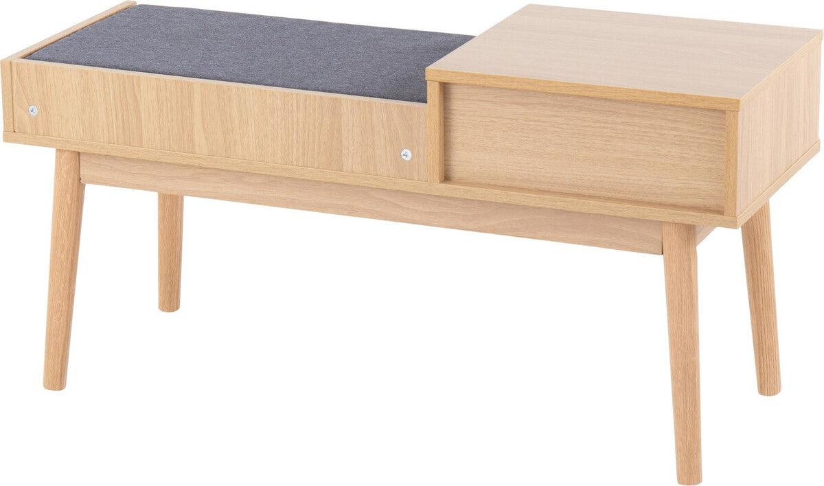 Lumisource Benches - Telephone Contemporary Bench in Natural Wood and Grey Fabric with Pull-Out Drawer