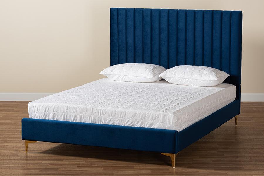 Wholesale Interiors Beds - Serrano Glam and Luxe Navy Blue Velvet Fabric Upholstered and Gold Metal Queen Size Platform Bed