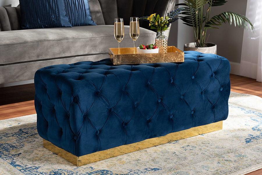 Wholesale Interiors Ottomans & Stools - Corrine Glam and Luxe Navy Blue Velvet Fabric Upholstered and Gold PU Leather Ottoman