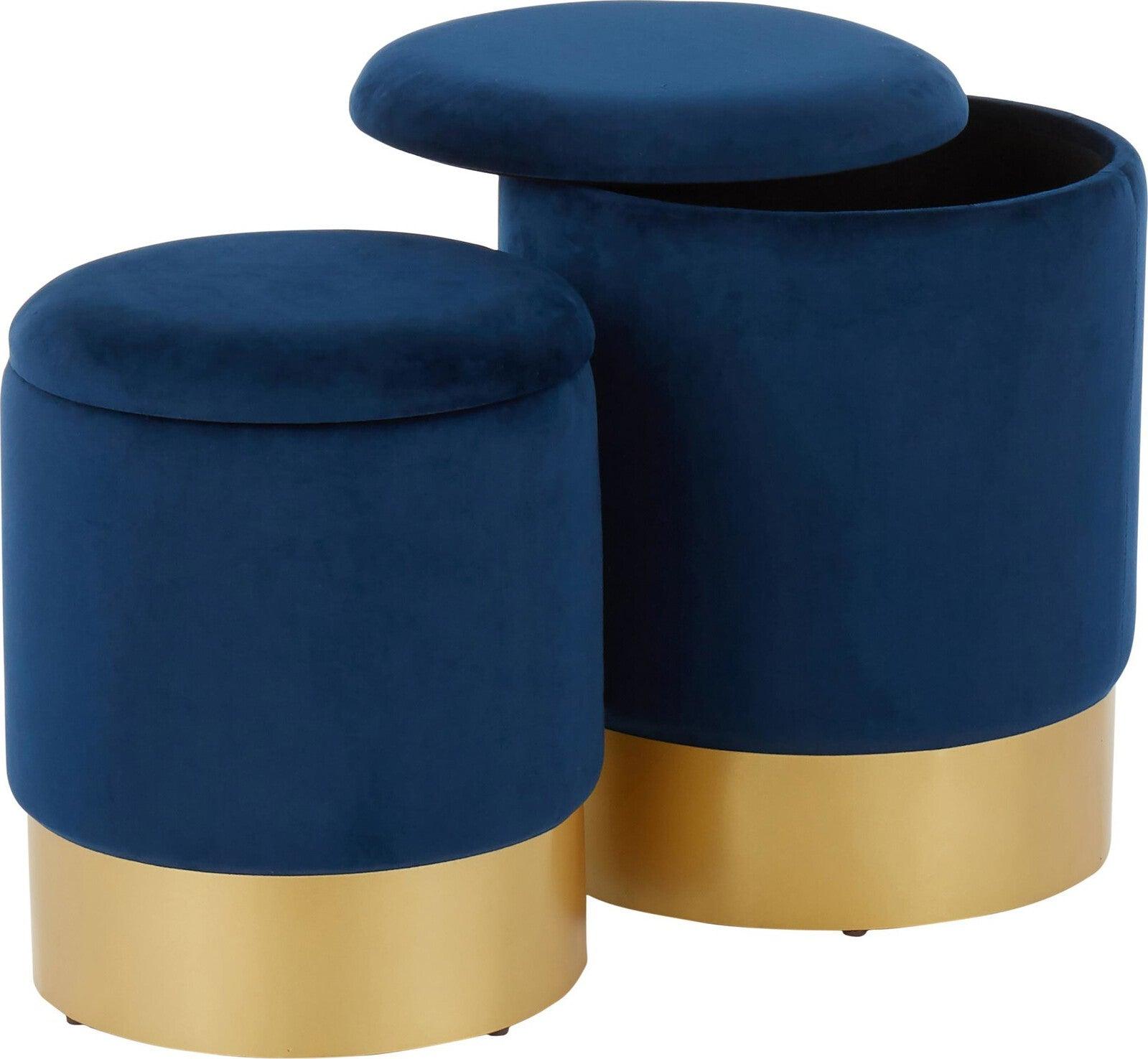 Lumisource Ottomans & Stools - Marla Contemporary Nesting Ottoman Set Gold Metal & Blue Velvet