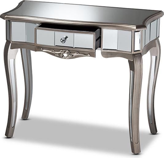 Wholesale Interiors Consoles - Elgin Glam and Luxe Brushed Silver Finished Wood and Mirrored Glass 1-Drawer Console Table