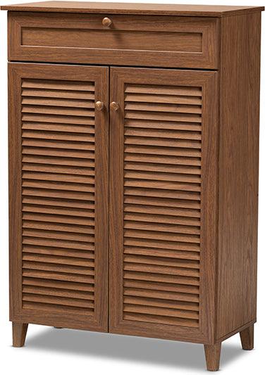 Wholesale Interiors Shoe Storage - Coolidge Modern And Contemporary Walnut Finished 5-Shelf Wood Shoe Storage Cabinet With Drawer