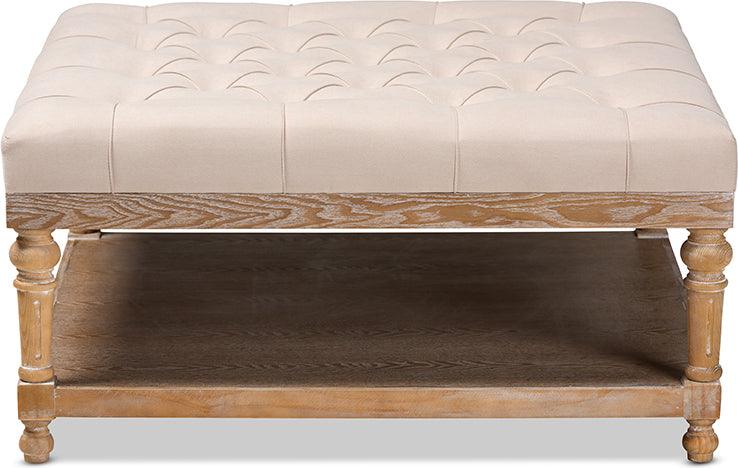 Wholesale Interiors Ottomans & Stools - Kelly Modern and Rustic Beige Linen Fabric and Greywashed Wood Cocktail Ottoman
