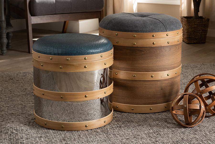 Wholesale Interiors Ottomans & Stools - Caleb Modern Grey Fabric and Blue Faux Leather Wood and Metal Storage Ottoman Set