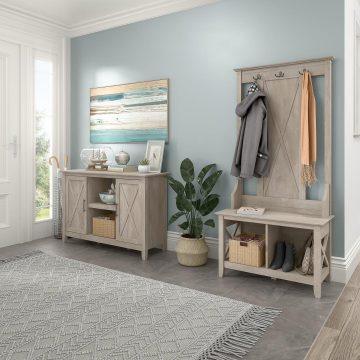 Bush Business Furniture Shoe Storage - Entryway Storage Set with Hall Tree, Shoe Bench and 2 Door Cabinet Washed Gray