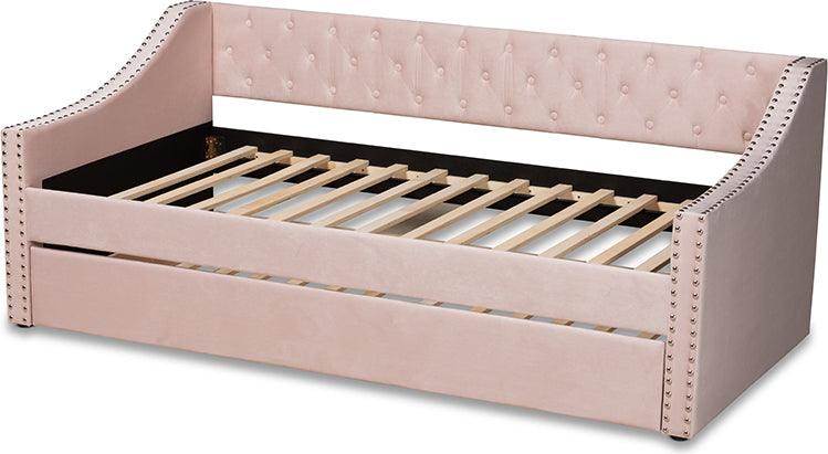 Wholesale Interiors Daybeds - Raphael Pink Velvet Fabric Upholstered Twin Size Daybed with Trundle