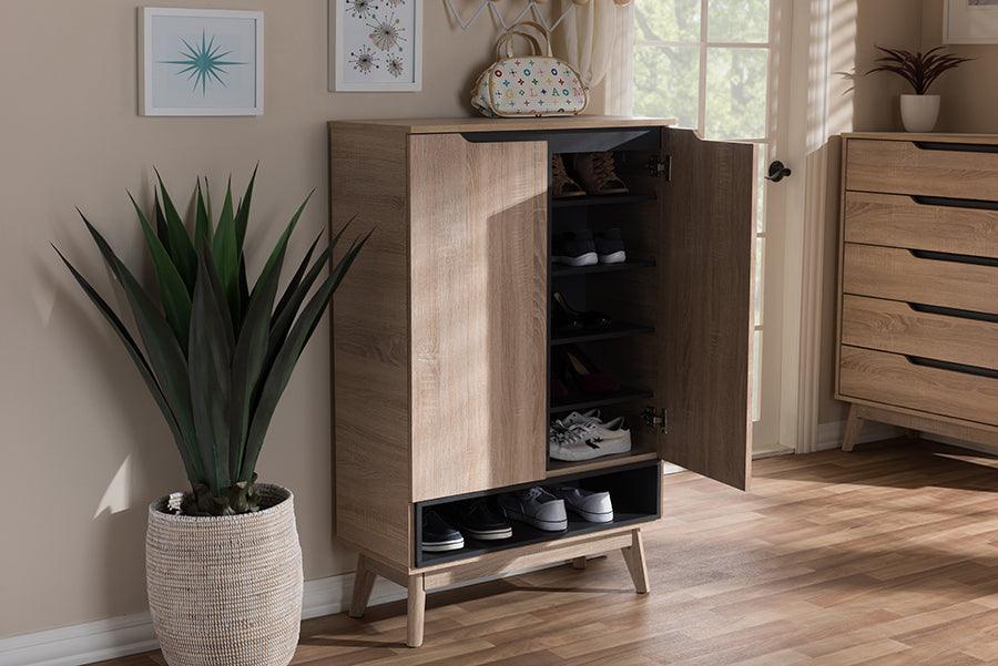 Wholesale Interiors Shoe Storage - Fella Mid-Century Modern Two-Tone Oak and Gray Wood Shoe Cabinet