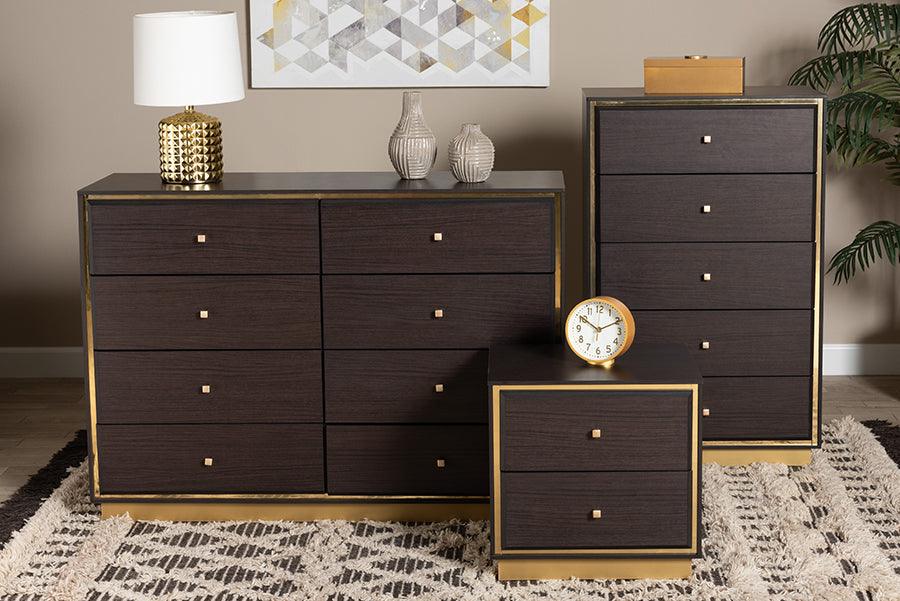 Wholesale Interiors Bedroom Sets - Cormac Dark Brown Finished Wood and Gold Metal 3-Piece Storage Set