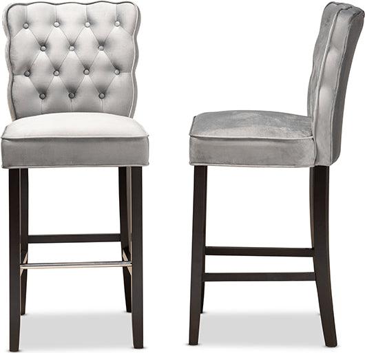 Wholesale Interiors Barstools - Daphne Dark Grey Velvet Fabric Upholstered and Dark Brown Finished Wood 2-Piece Bar Stool Set