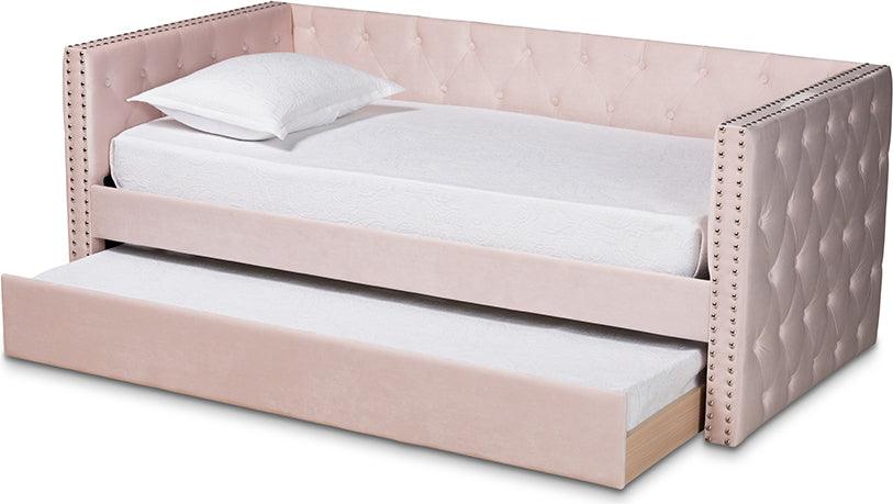 Wholesale Interiors Daybeds - Larkin Pink Velvet Fabric Upholstered Twin Size Daybed with Trundle