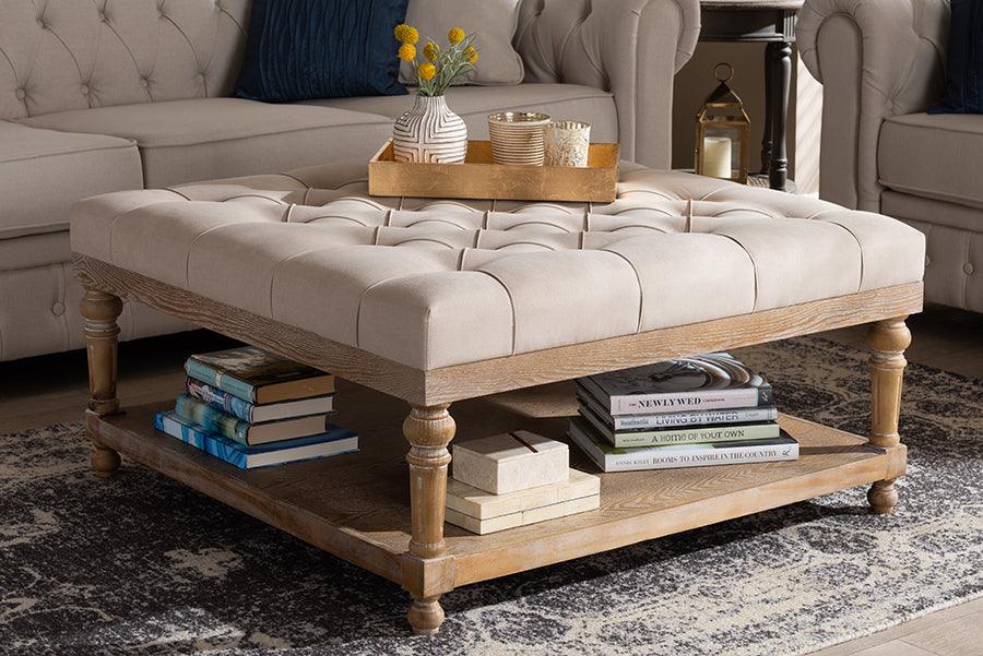Wholesale Interiors Ottomans & Stools - Kelly Modern and Rustic Beige Linen Fabric and Greywashed Wood Cocktail Ottoman