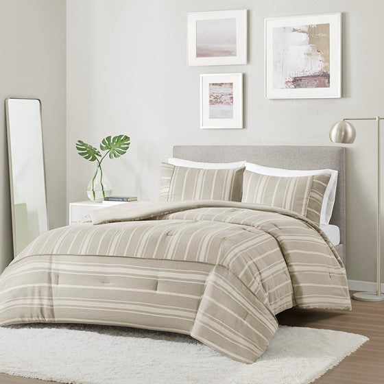 Olliix.com Comforters & Blankets - 3 Piece Striped Herringbone Oversized Comforter Set Taupe Full/Queen