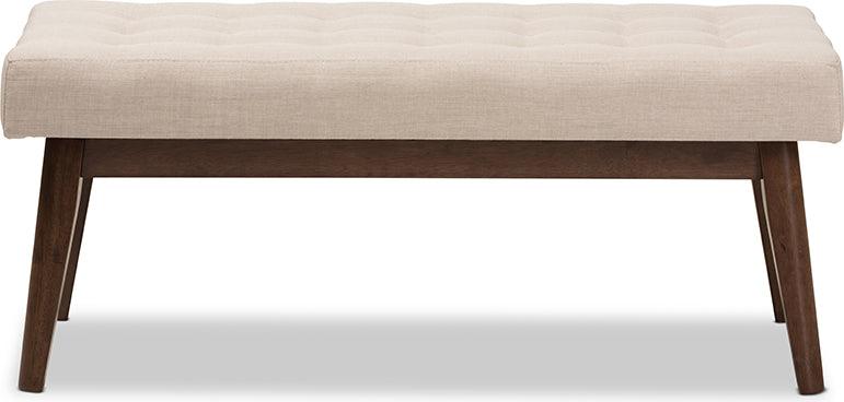 Wholesale Interiors Benches - Elia Mid-Century Modern Walnut Wood Light Beige Fabric Button-Tufted Bench