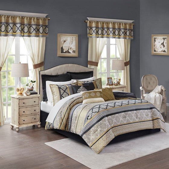 Olliix.com Comforters & Blankets - 24 Piece Room In A Bag Black/Gold Cal King