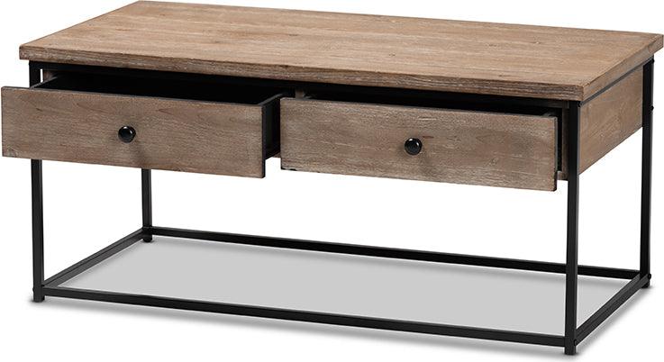 Wholesale Interiors Coffee Tables - Roderick Weathered Oak Finished Wood and Black Metal 2-Drawer Coffee Table