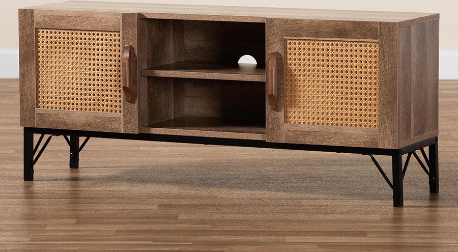 Wholesale Interiors TV & Media Units - Veanna Bohemian Brown Wood and Black Metal 2-Door TV Stand with Synthetic Rattan