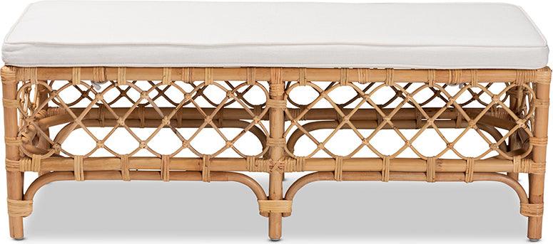 Wholesale Interiors Benches - Orchard Modern Bohemian White Fabric Upholstered and Natural Brown Rattan Bench