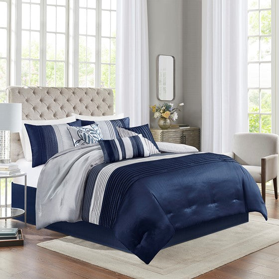 Olliix.com Comforters & Blankets - 7 Piece Comforter Set Navy Queen