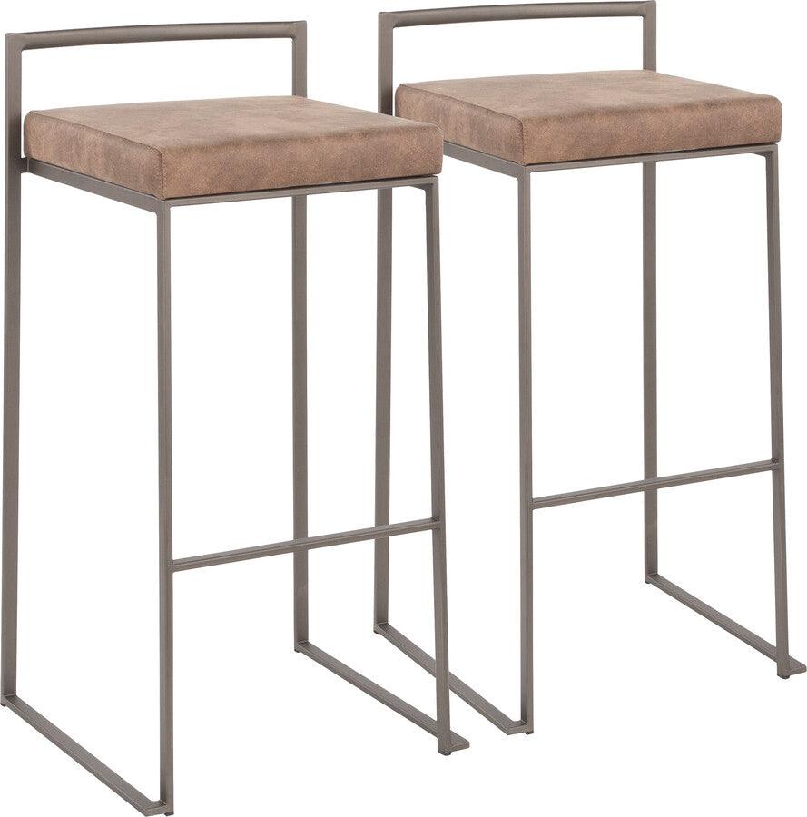 Lumisource Barstools - Fuji Industrial Stackable Barstool in Antique with Brown Cowboy Fabric Cushion - Set of 2