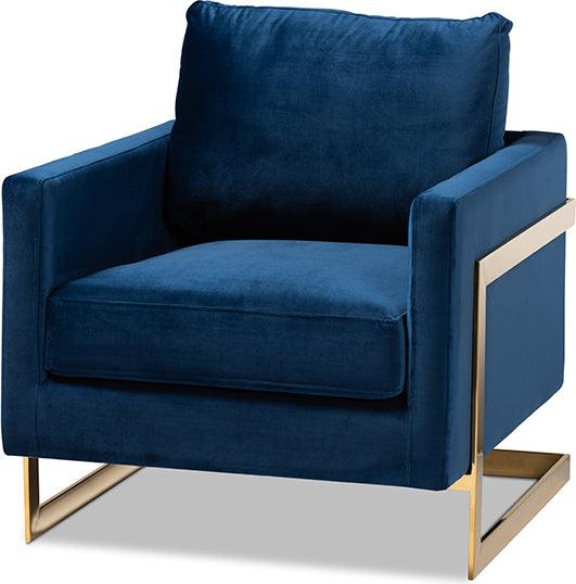 Wholesale Interiors Accent Chairs - Matteo Glam and Luxe Royal Blue Velvet Fabric Upholstered Gold Finished Armchair