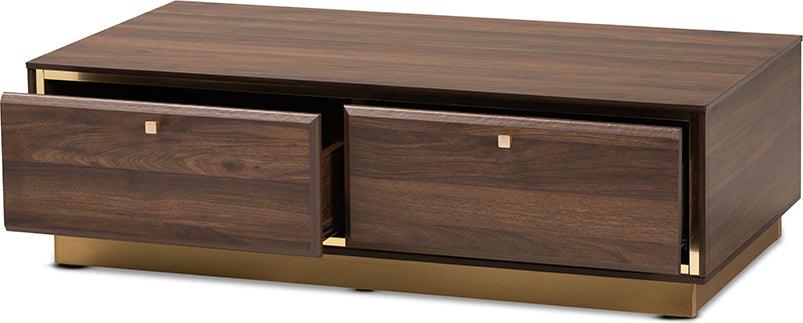 Wholesale Interiors Coffee Tables - Cormac Mid-Century Modern Brown Wood and Gold Metal 2-Drawer Coffee Table