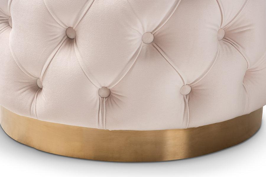 Wholesale Interiors Ottomans & Stools - Valeria Glam Light Beige Velvet Gold-Finished Button Tufted Ottoman