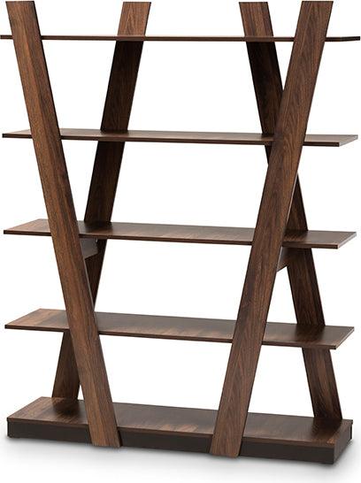 Wholesale Interiors Bookcases & Display Units - Michio Modern and Contemporary Brown 5-Tier Wood Geometric Living Room Shelf