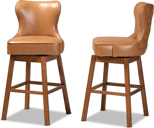 Wholesale Interiors Barstools - Gradisca Tan Faux Leather Upholstered and Walnut Brown Finished Wood 2-Piece Swivel Bar Stool Set