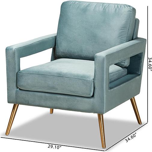 Wholesale Interiors Accent Chairs - Leland Glam and Luxe Light Blue Velvet Fabric Upholstered and Gold Finished Armchair