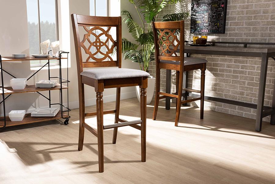 Wholesale Interiors Barstools - Alexandra Grey Fabric Upholstered and Walnut Brown Finished Wood 2-Piece Bar Stool Set