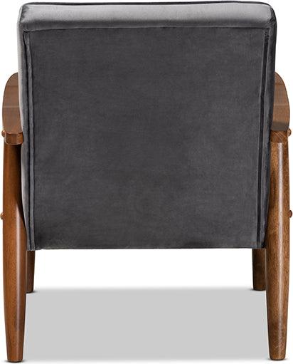 Wholesale Interiors Accent Chairs - Sorrento Mid-Century Modern Grey Velvet Fabric Upholstered Walnut Finished Wooden Lounge Chair